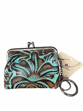 Patricia Nash Borse Tooled Turquoise Leather Framed Kiss Lock Coin Pouch Wallet